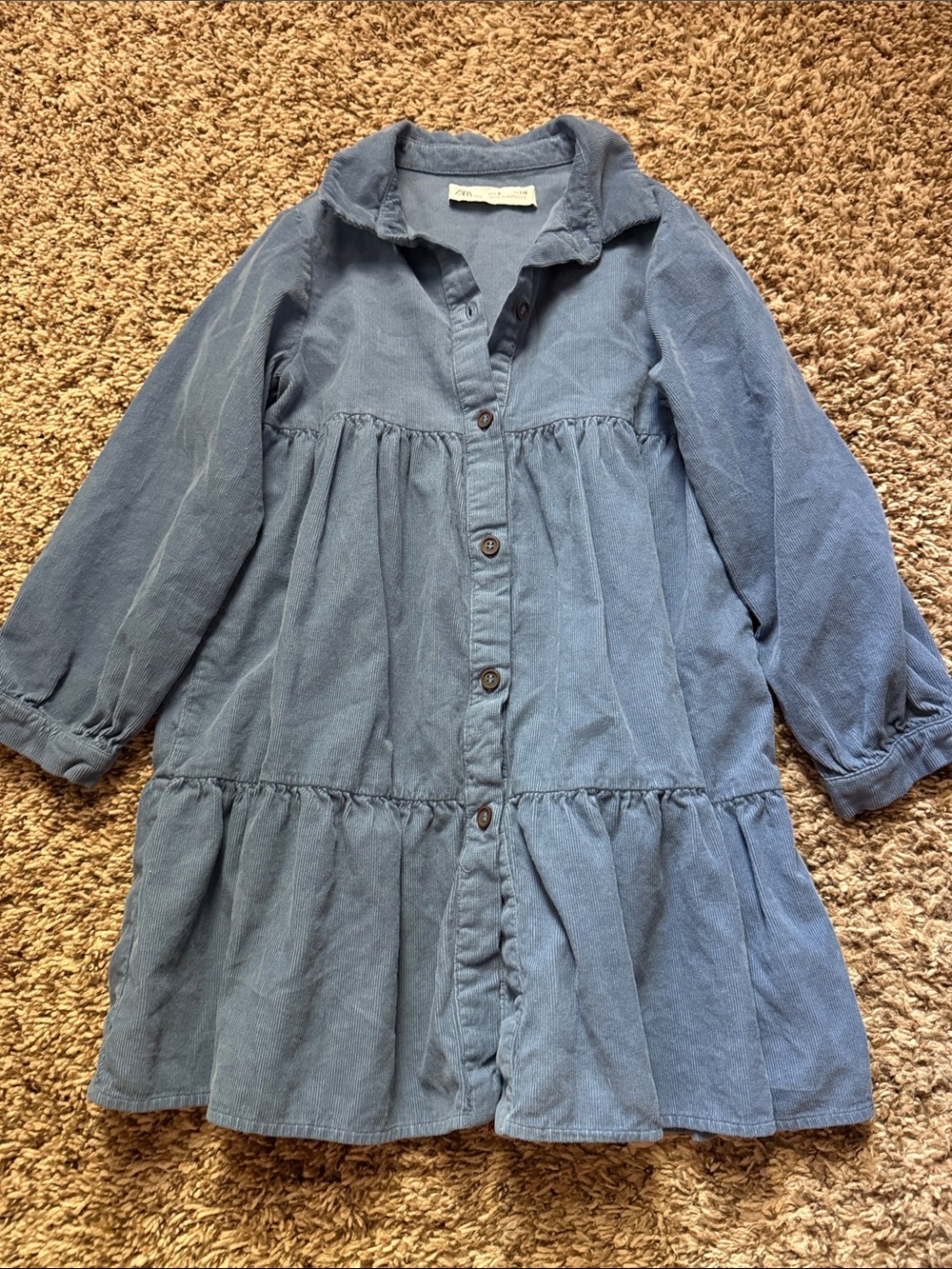 Zara Blue Button-Front Tiered Long-Sleeve Dress